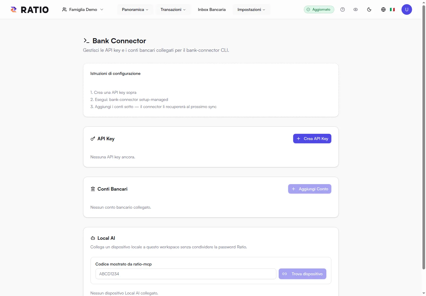 Configurazione del Bank Connector nella demo: conti e connessioni.